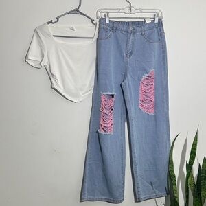 SHEIN Light Blue Wide-Leg Jeans with Pink Ripped Details